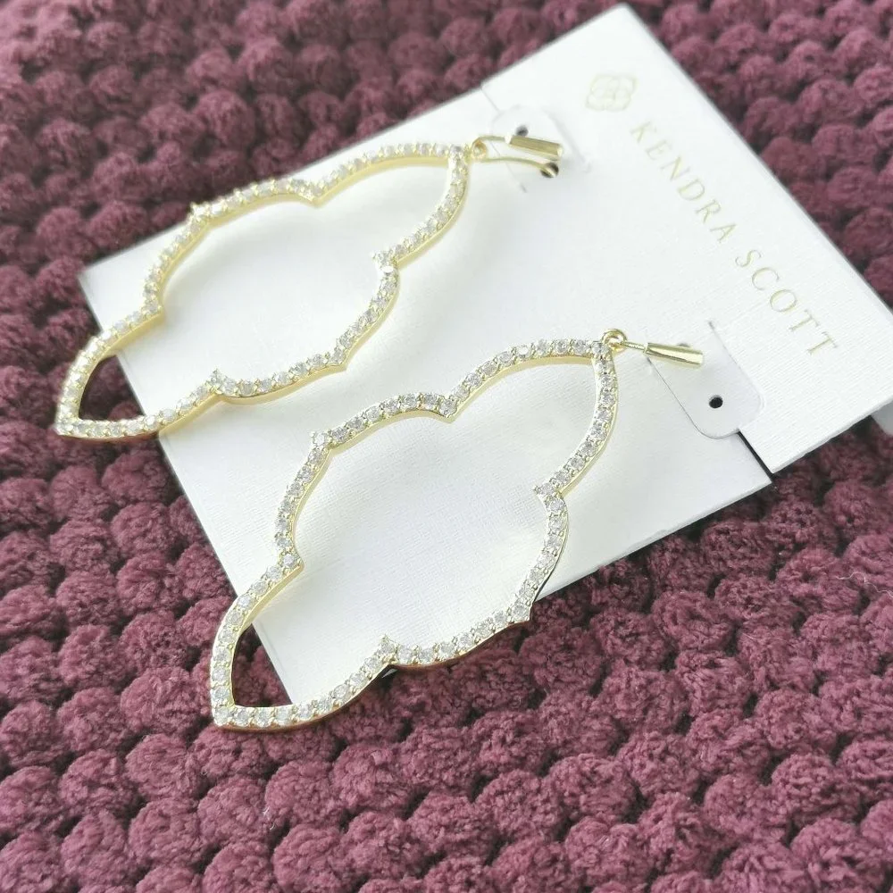 Kendra Scott White Crystal Abbie Gold Open Frame Earrings NEW WITH POUCH - Picture 2 of 3